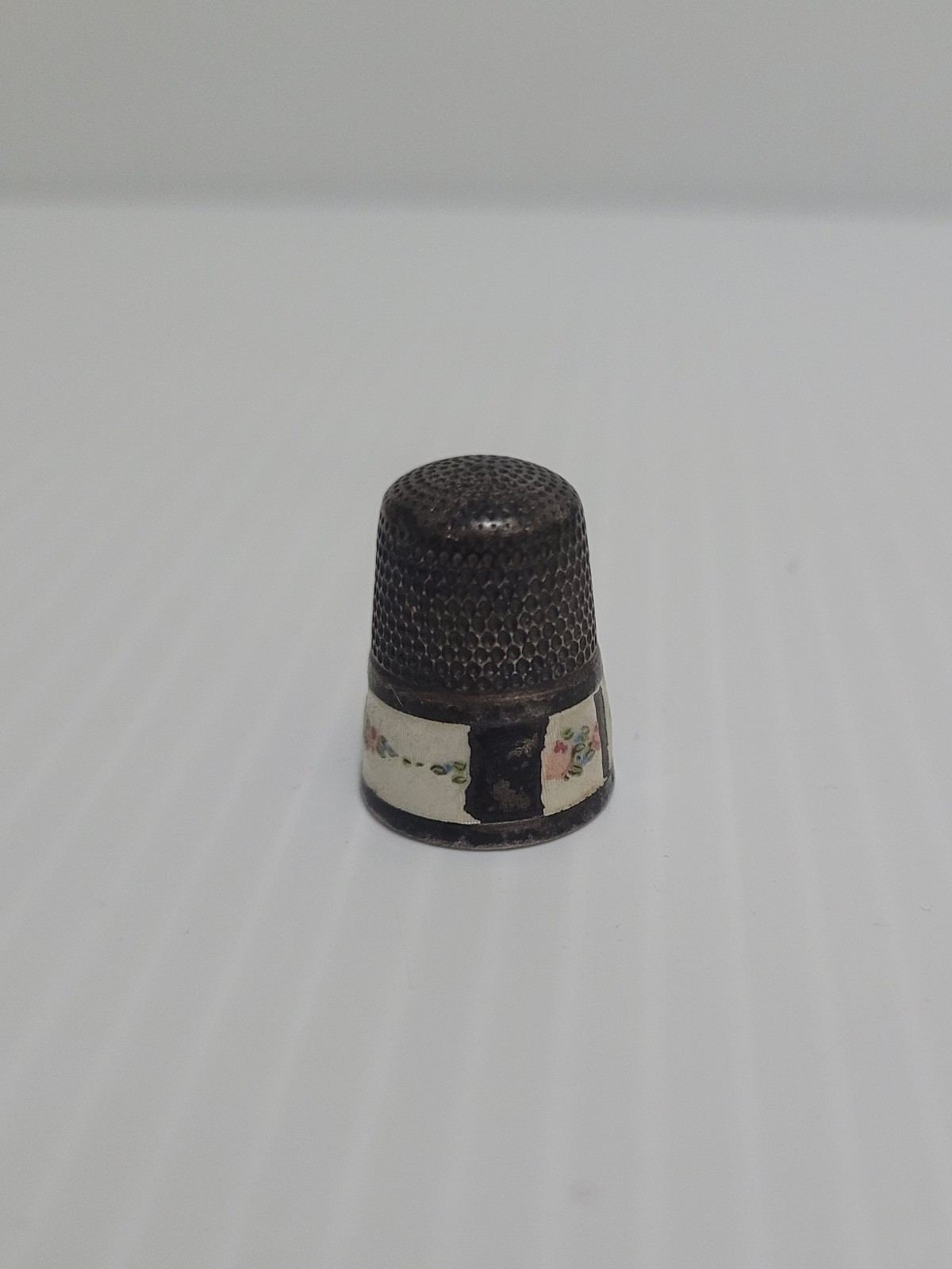 Antique Sewing Thimble Sterling? Silver Floral Guilloche Enamel