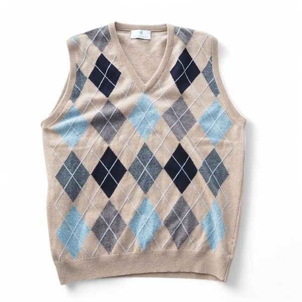 Scott & Charters Lambswool Argyle Sweater Vest Made in Scotland Beige Men's M