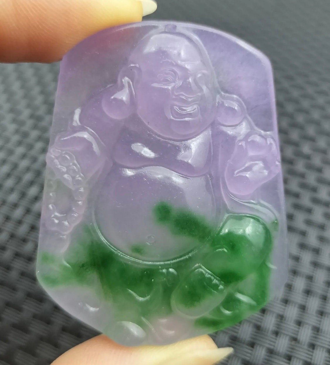 Chinese Green Lavender Natural Jade Carved Happy Buddha God Pendant men women gr