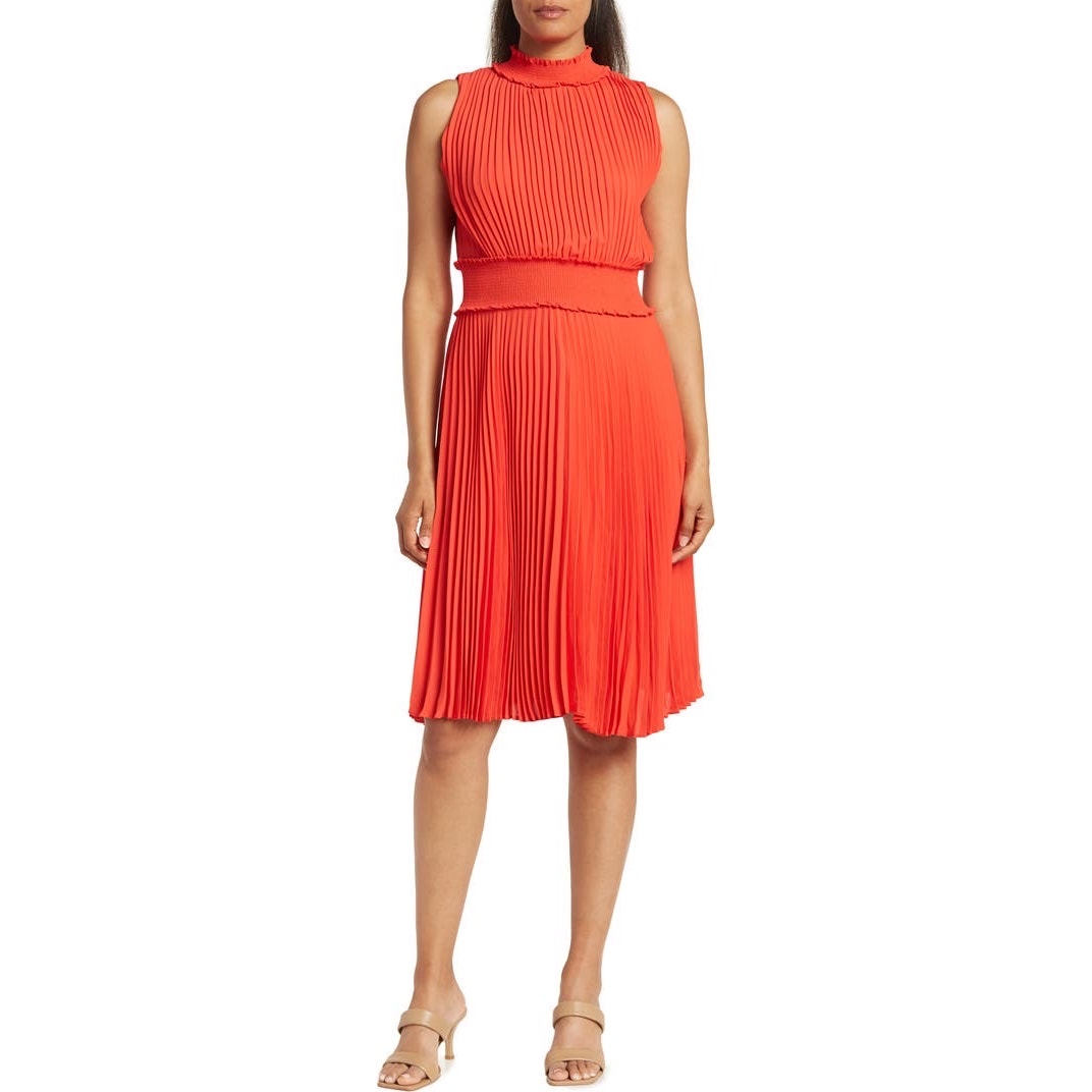 Nanette Nanette Lepore Solid Pleated Dress Women's 6 Red Mock Neck Knee Length