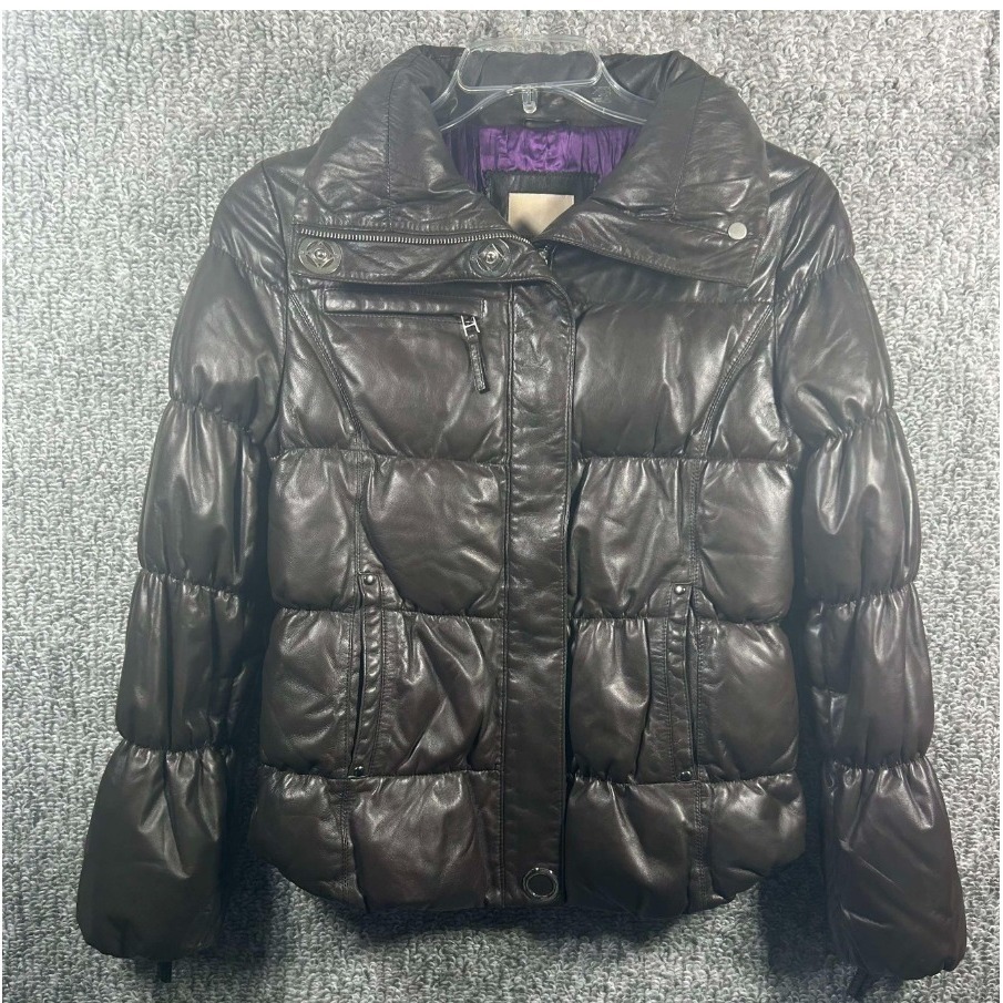 Cagliari Exchange Puffer Jacket Sheepskin Leather Down Fill Brown Womens Small