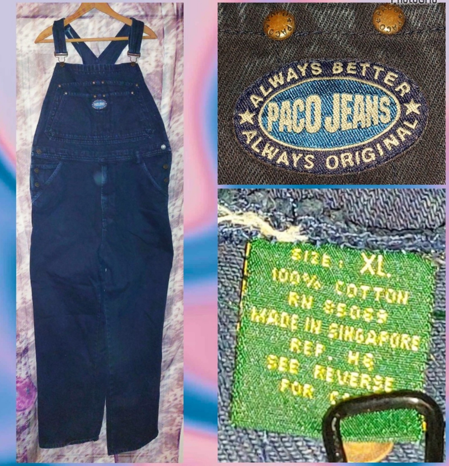 Paco Jeans Navy Blue Carpenter Bib Denim Jean Overalls Sz XL Vintage 90s Y2K