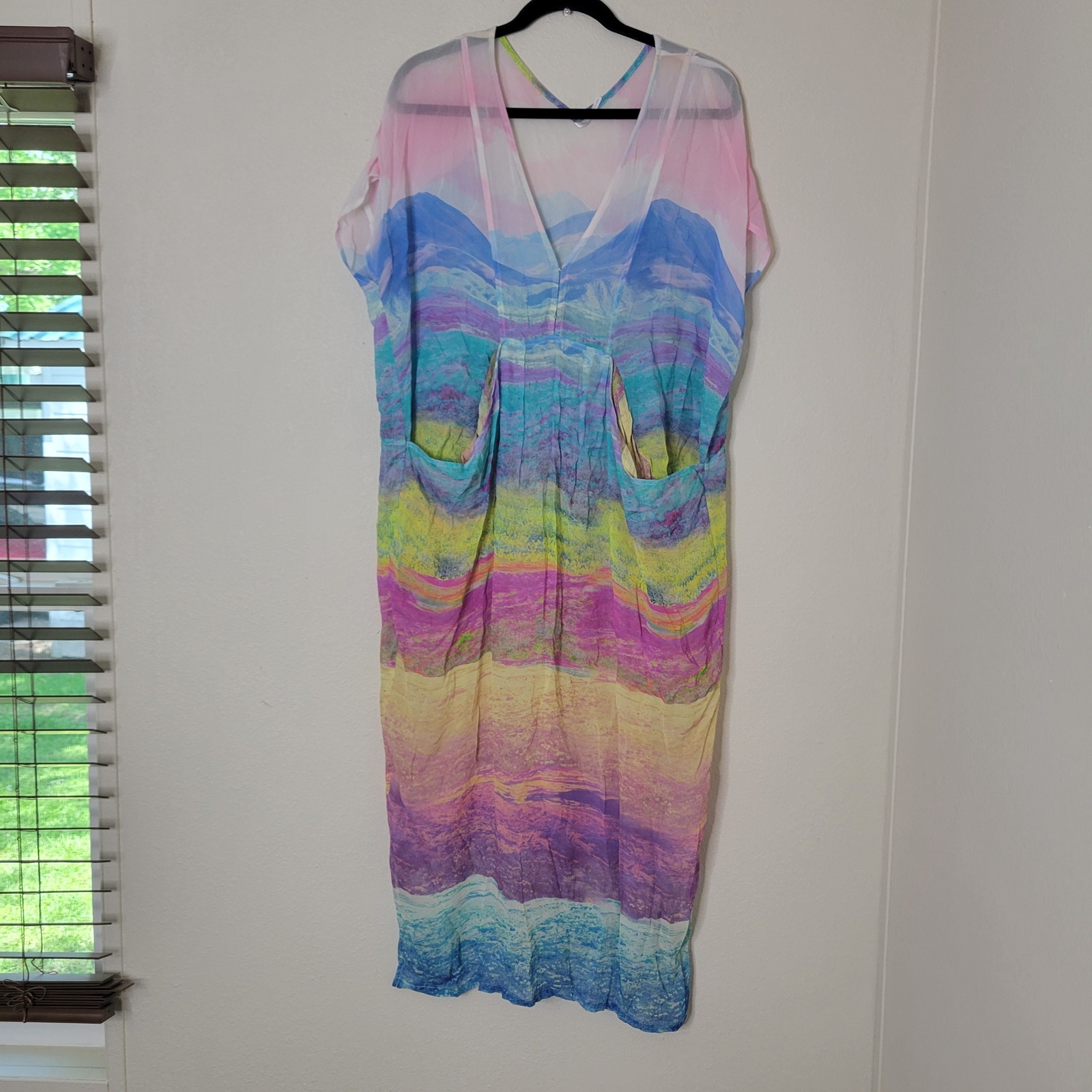 Free People Coverup Sheer V Neck Pockets Colorful Print Size Small