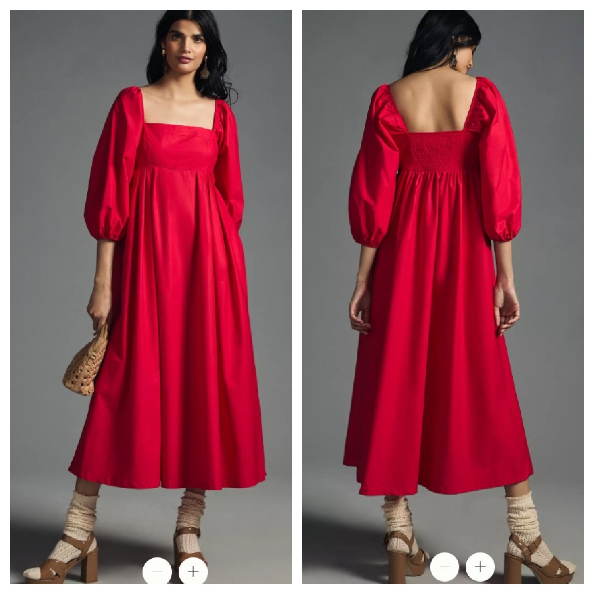 ANTHROPOLOGIE Maeve Squareneck Smocked Babydoll Maxi Dress Small Red Puff Sleeve