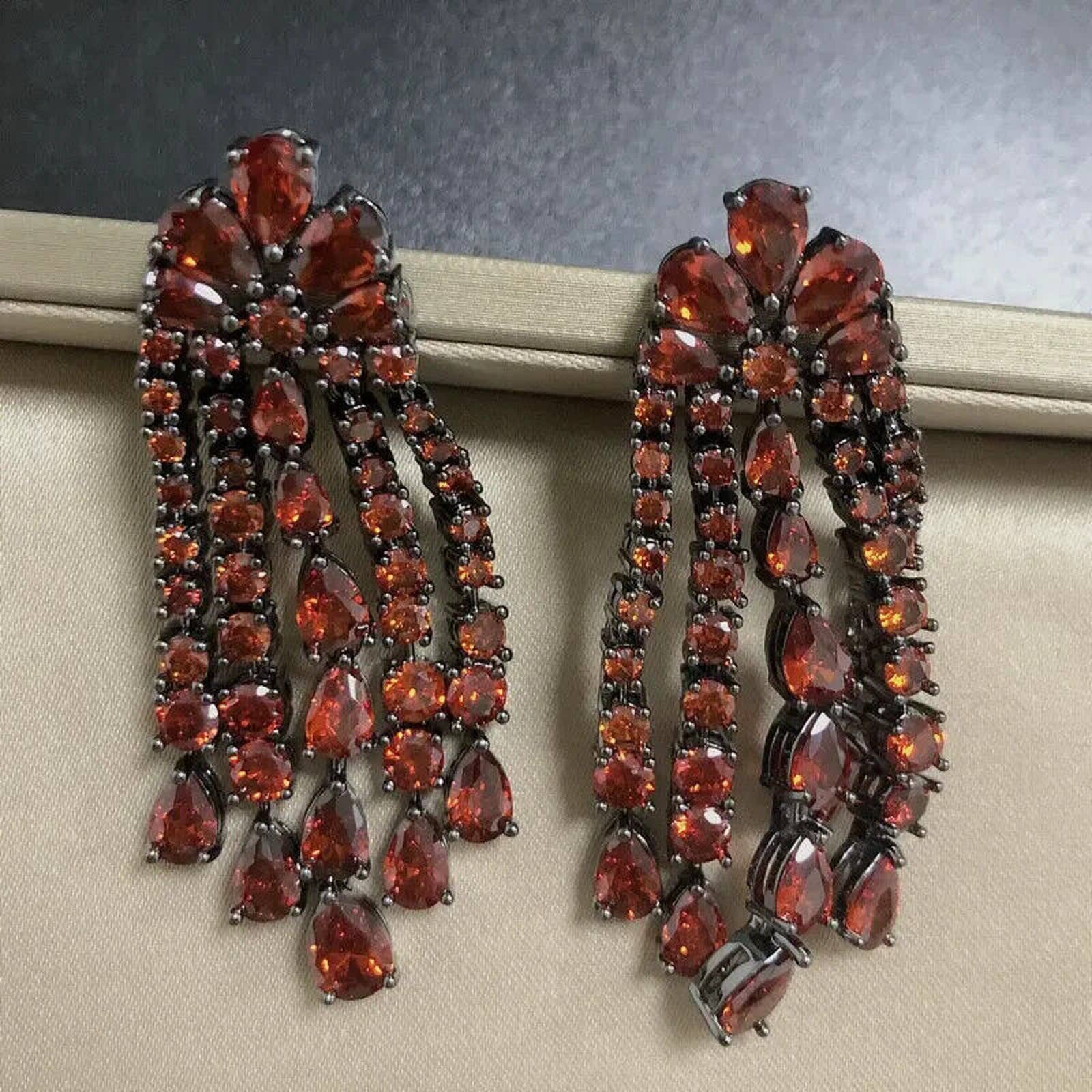 Amber Color Crackled Crystal CZ Statement Earrings, Orange Crystal Earrings