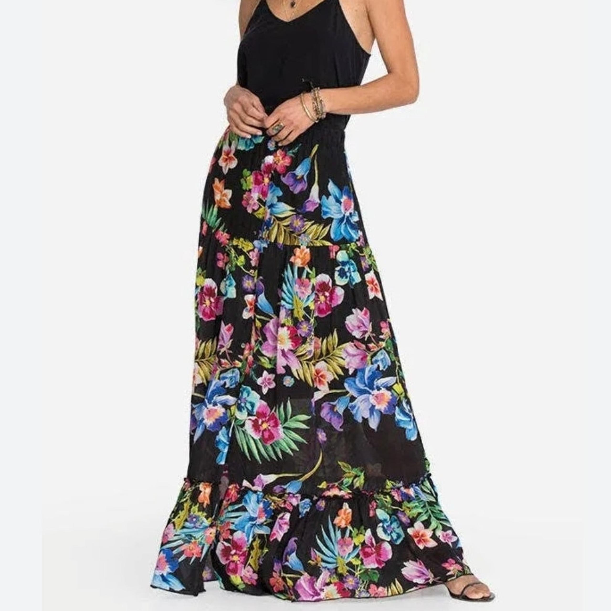 Johnny Was Aruba Ophelia Maxi Black Floral Tiered Skirt Size XL Tropical Resort