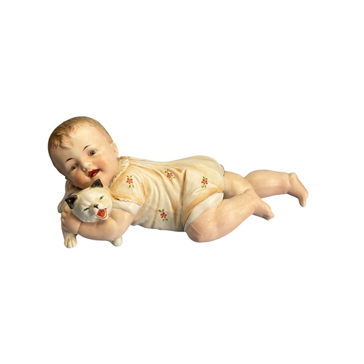 Antique Gebruder Heubach German Piano Baby Figurine With Cat 11 1/2 Hand-Painte