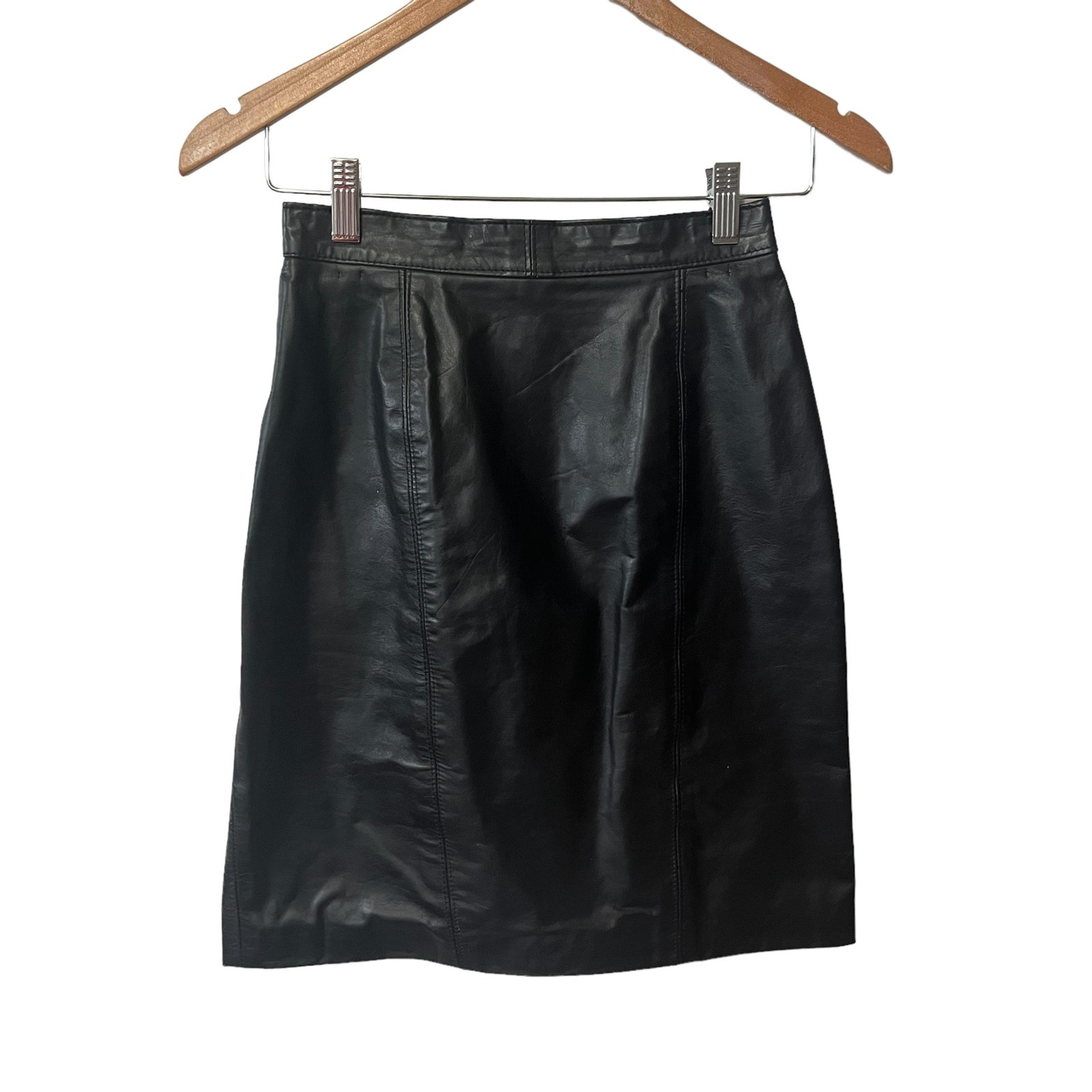 VTG Petite Sophisticate Black Leather A Line Moto Biker Skirt Back Zip 5