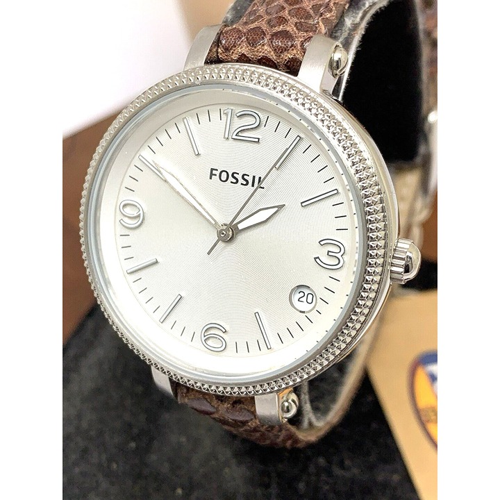 Fossil Women's Watch ES3184 Quartz Silver Dial Date Brown Leather Strap 34mm