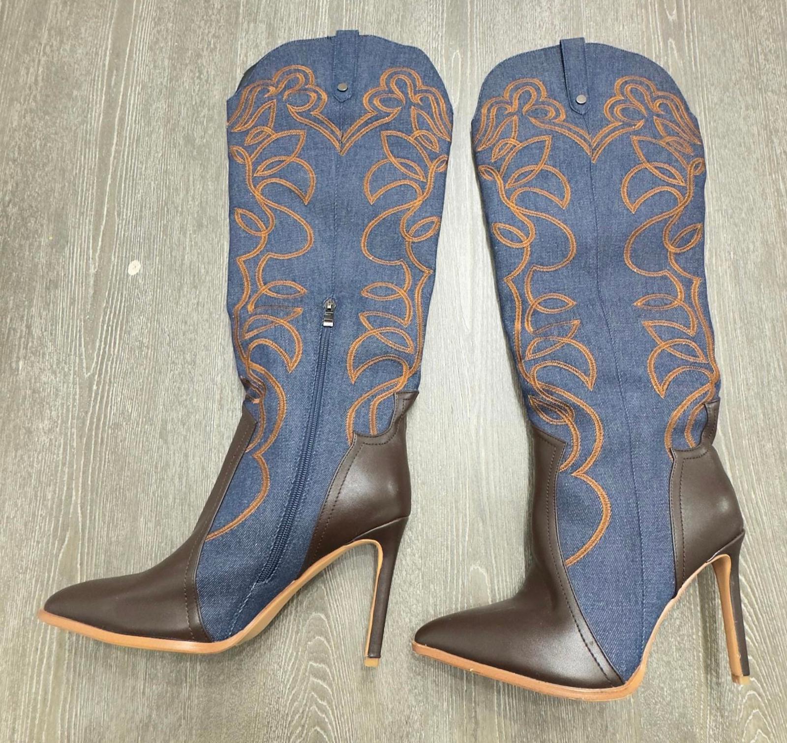WINDBXYB Denim Pointed Toe Wide Calf Knee High Western Boots Women Size 9.5