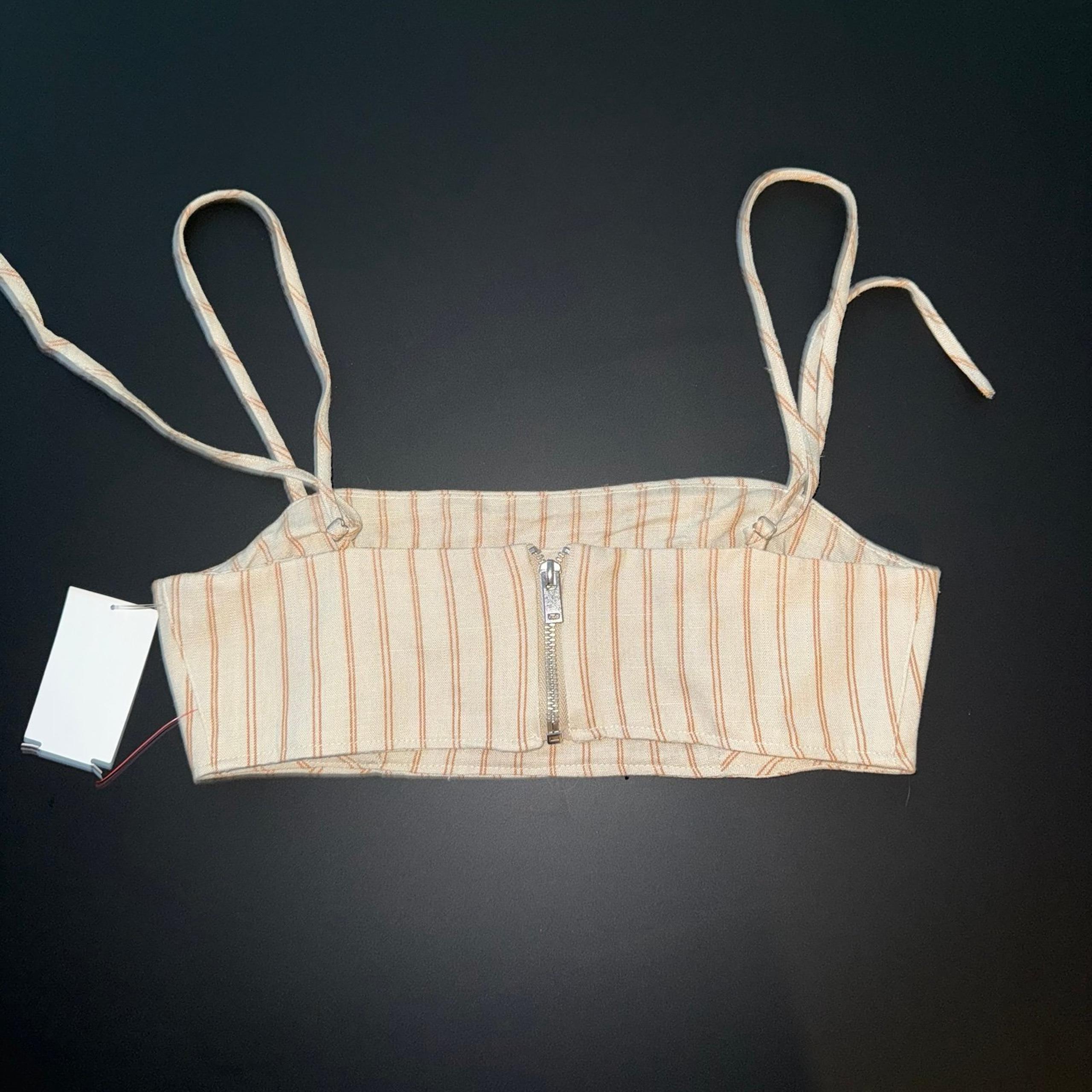 NWT Top Shop Striped Beige Crop Size 4-6Womens Adjustable Straps Zip