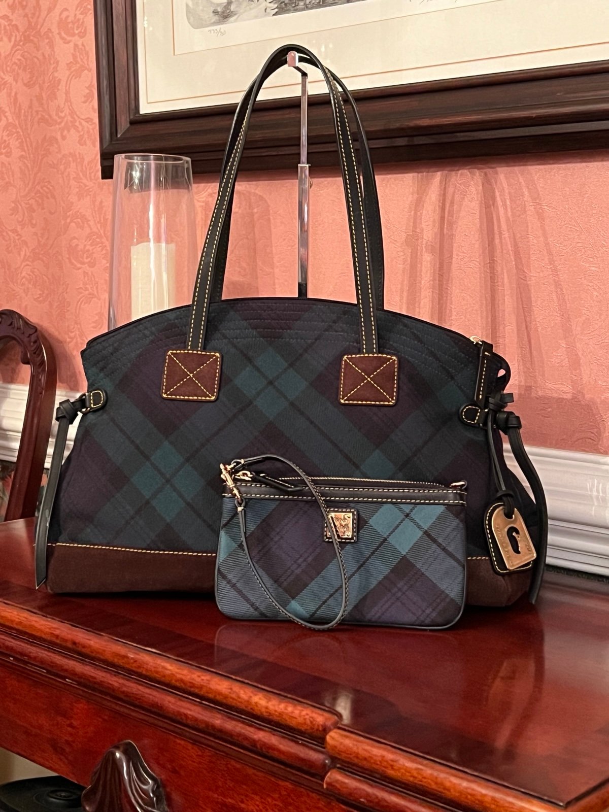 Dooney and Bourke Large Black Watch Tartan Plaid Shoulder Bag w/ DB Wristlet