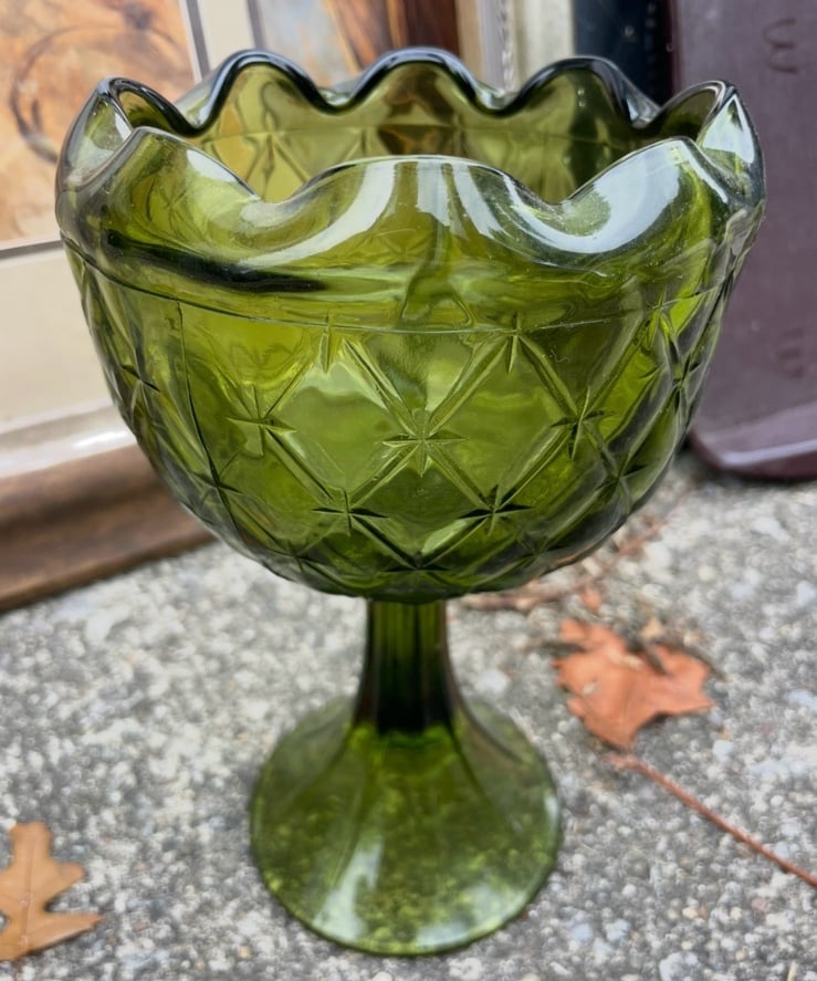 Vintage 1960s Olive Avocado Green Indiana Glass Duette Pattern Decorative Goblet