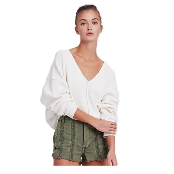 NWOT Free People Take Me Places Pullover Sweater Ivory Cotton Oversized V Neck M