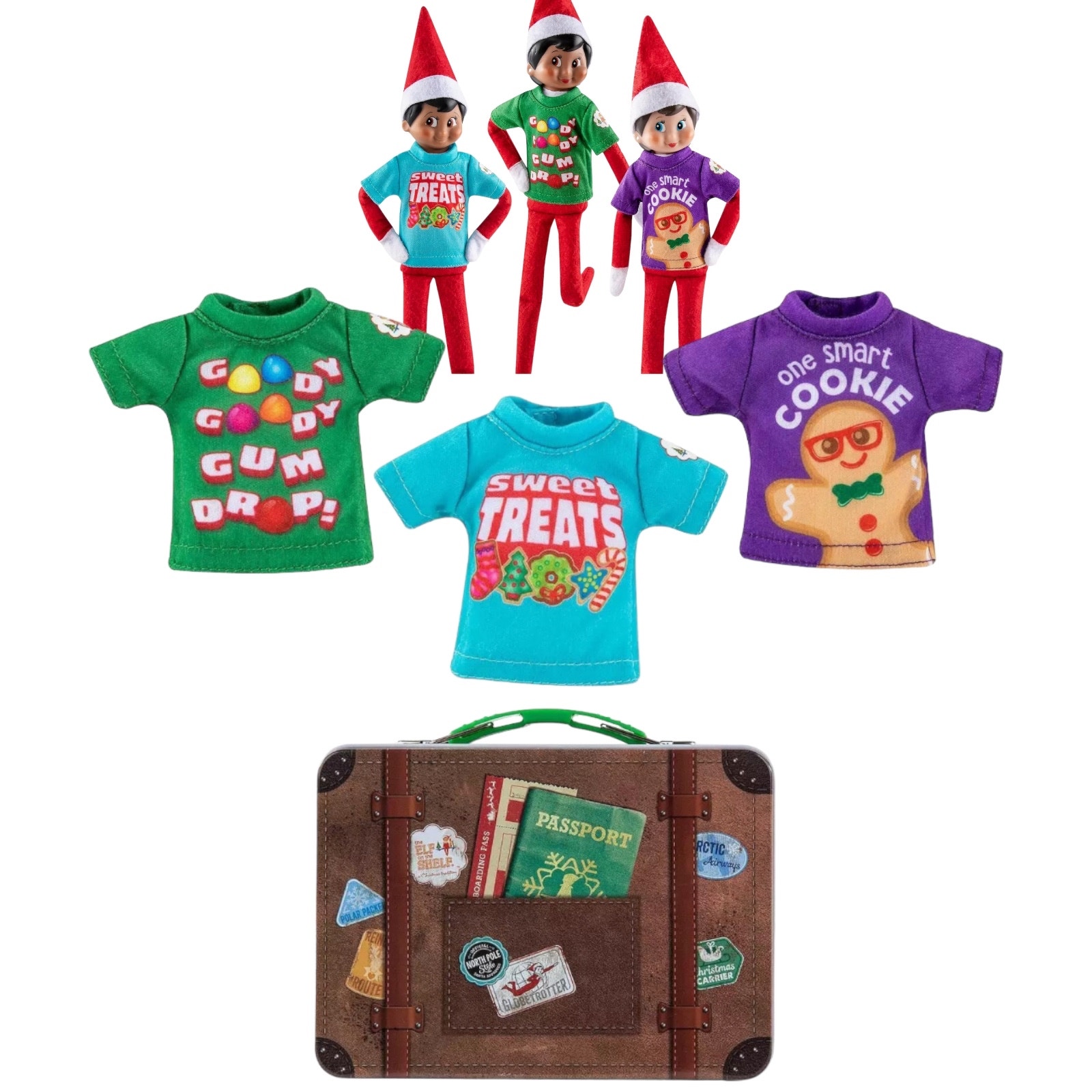 NEW Elf On The Shelf Graphic T-Shirt SET (3) T-Shirts + Tin Suitcase For Elves!