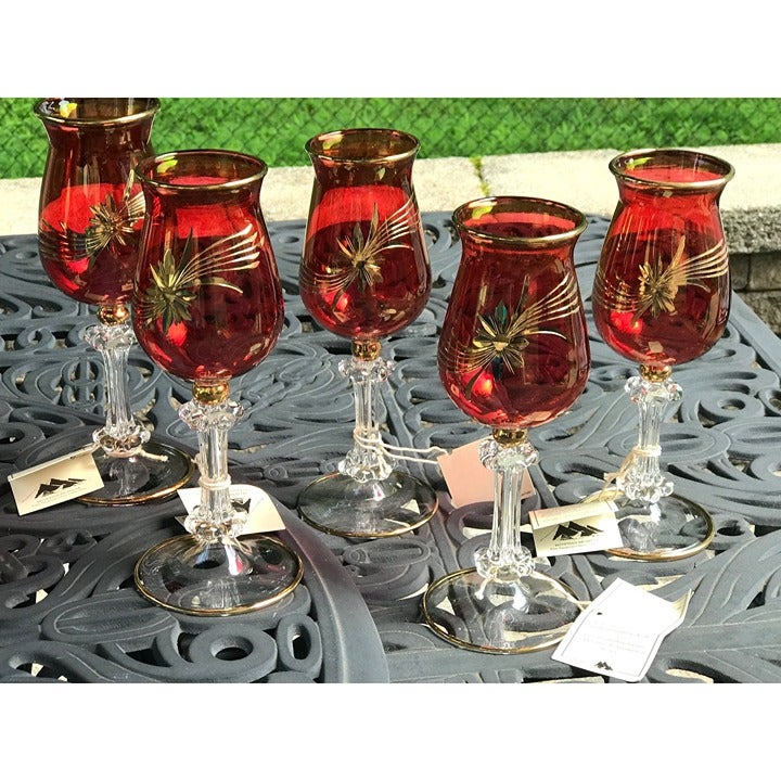 6 Fine Egyptian Museum cranberry mouth blown wine glasses, gold starburst