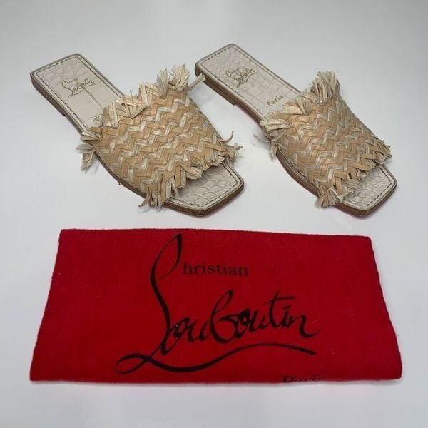 Christian Louboutin Soudana Raffia Flat Slip On Sandals EU 36.5 US 6.5 Low Heel