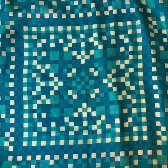 Vintage Crepe Royal Hand Painted Blue Mod Pixelated Scarf, Square ~26x26