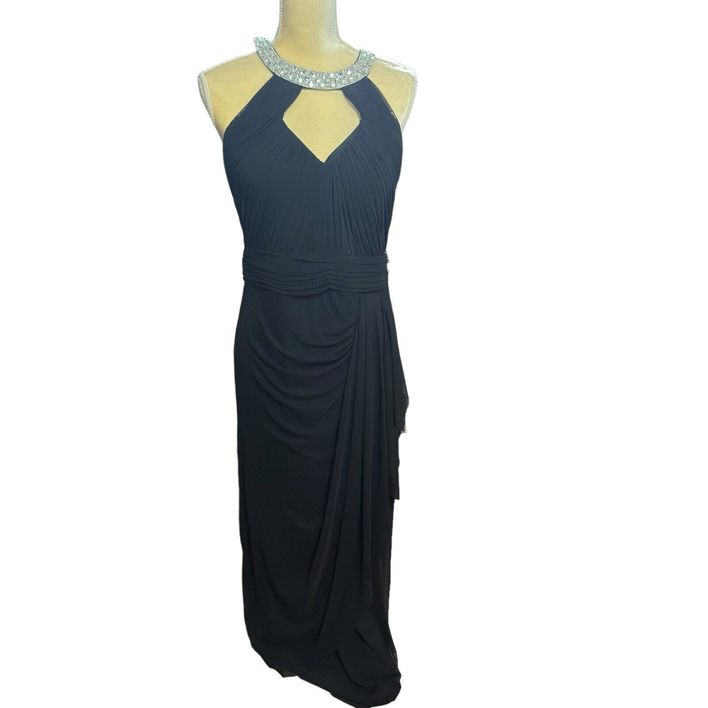 Marina Women's Dress 10 Black Maxi Rhinestone Embellished High Neck Witchy Fairy