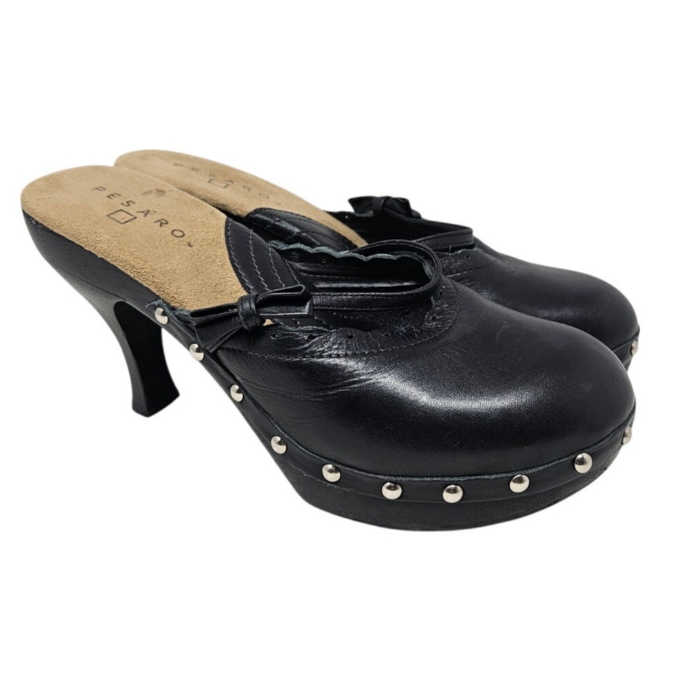 Vintage Y2K 7.5 Black Leather Heel Mule Clog Chunky Whimsygoth Studded Goth