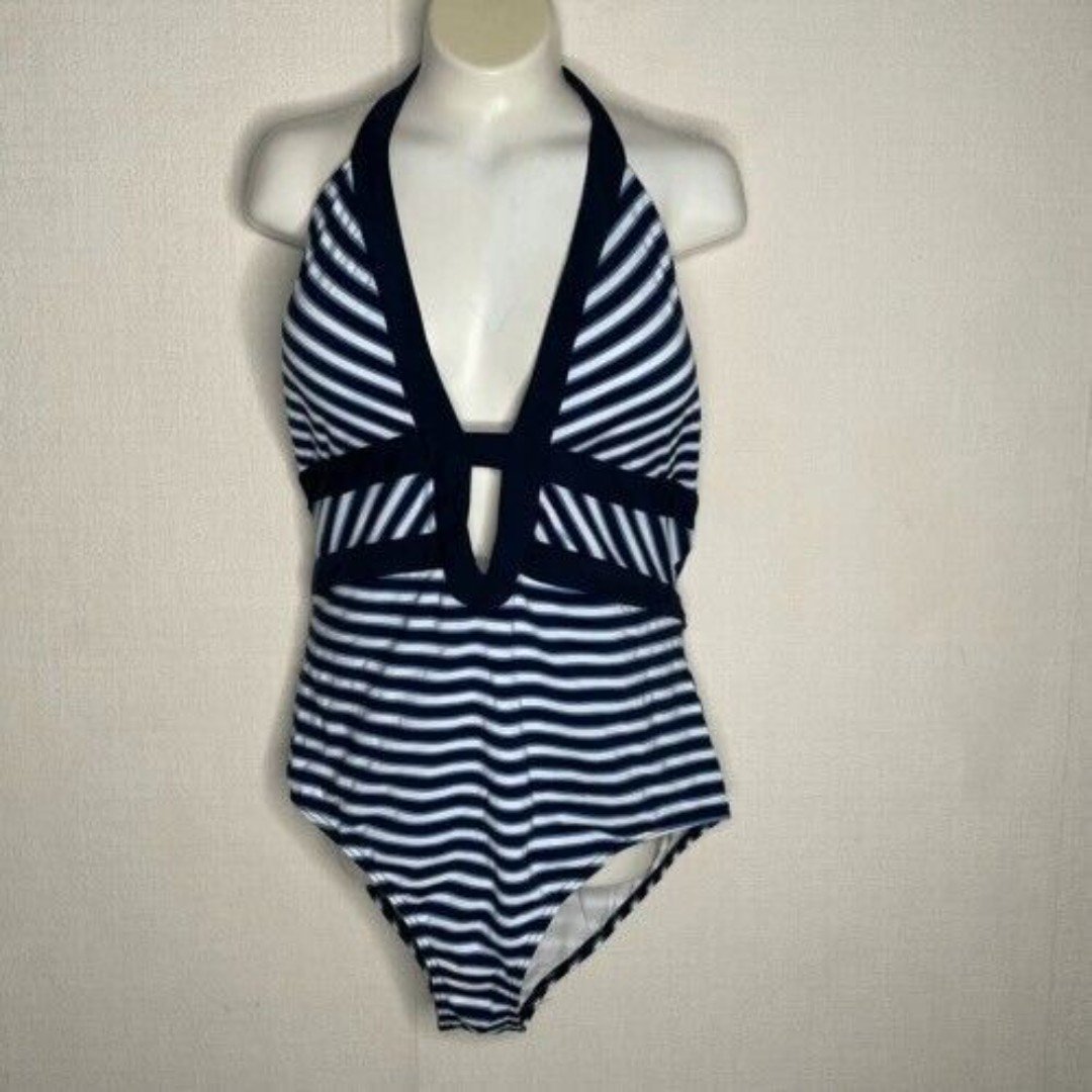 Jets Profile Plunged Banded One Piece Swimsuit Ink/Chambray Halter Women Size 12
