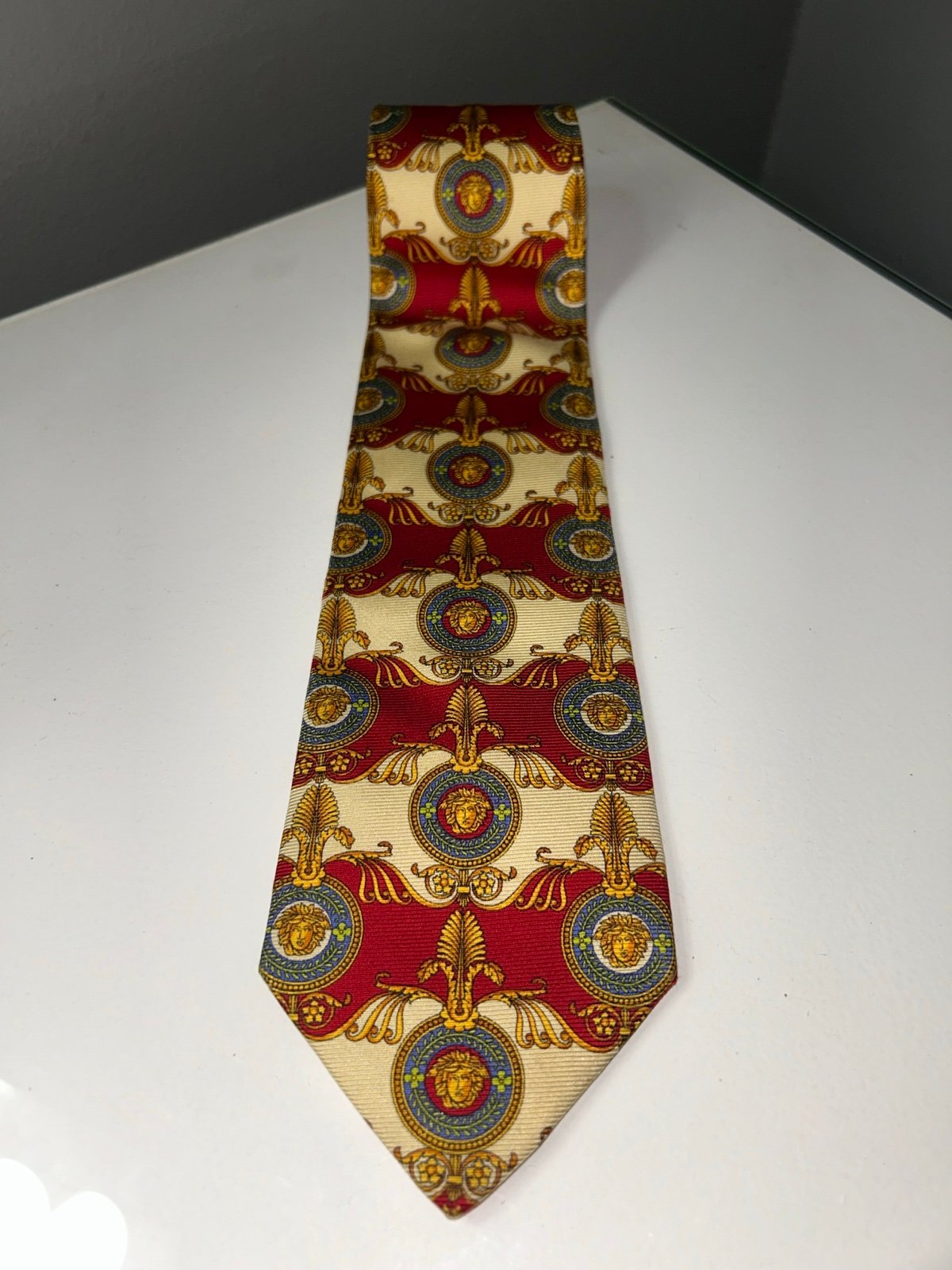 Vintage Versace Red Blue & Gold Medusa Head Men’s Silk Tie