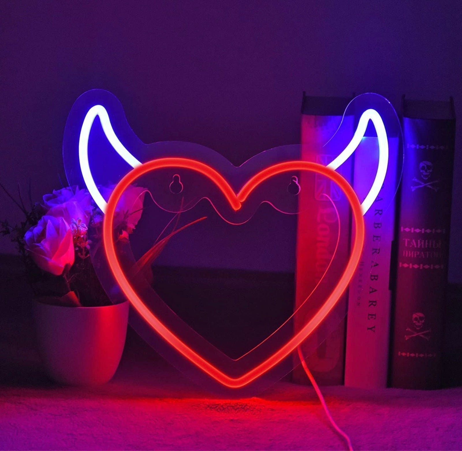Lovely Bright Red Devil Horn Heart LED Night Light Room Wall Decoration