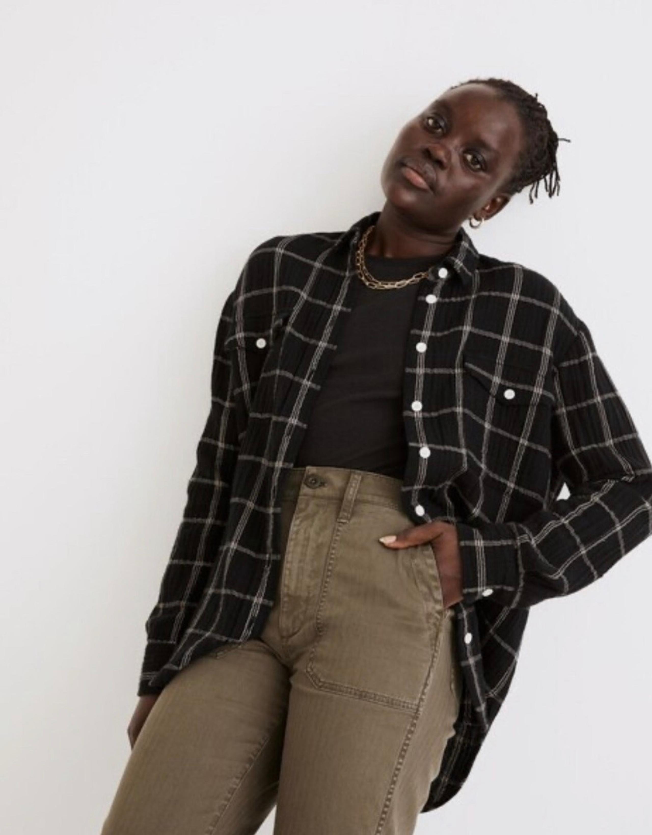 Madewell Lightspun Flap-Pocket Oversized ExBoyfriend Shirt in Windowpane M