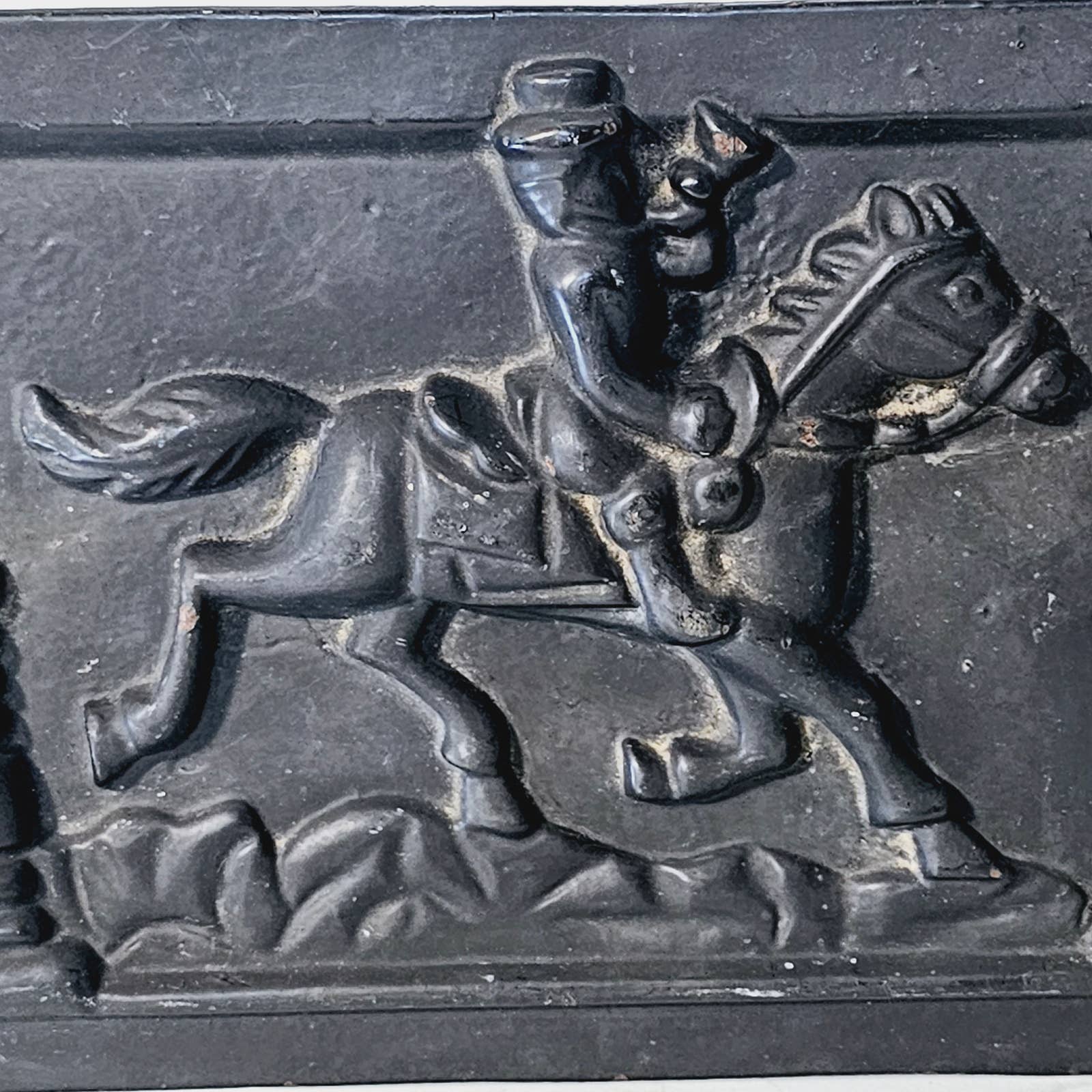 Antique Cast Iron Stove Plate or Mailbox Front Panel Man on Horse Door Cover
