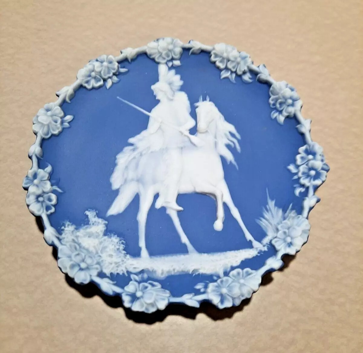 Antique Schafer & Vater Porcelain Blue Jasperware Plate Native American On Horse