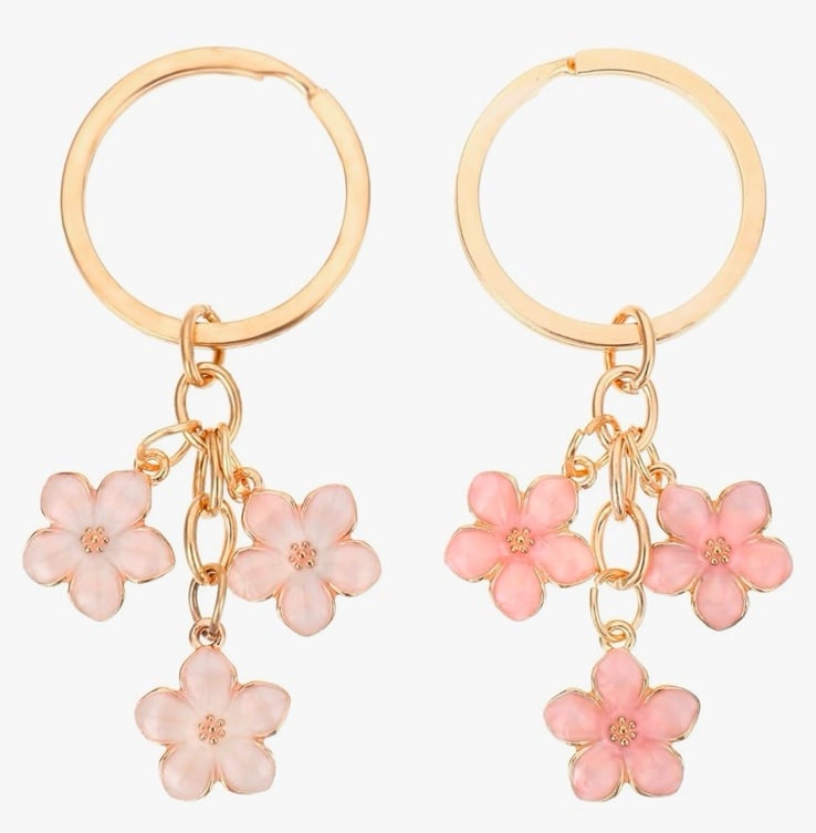 Cherry Blossoms pink flowers keychain bag accessories set pink with gold