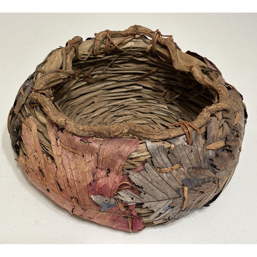 Vintage Artisan Handcrafted Twig Woven Twined Wood Basket Oak Leaves Art 13 