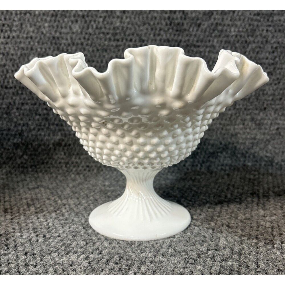 VINTAGE FENTON? White Milk Glass Large-Wide Hobnail Vase Crimped Ruffle Edge