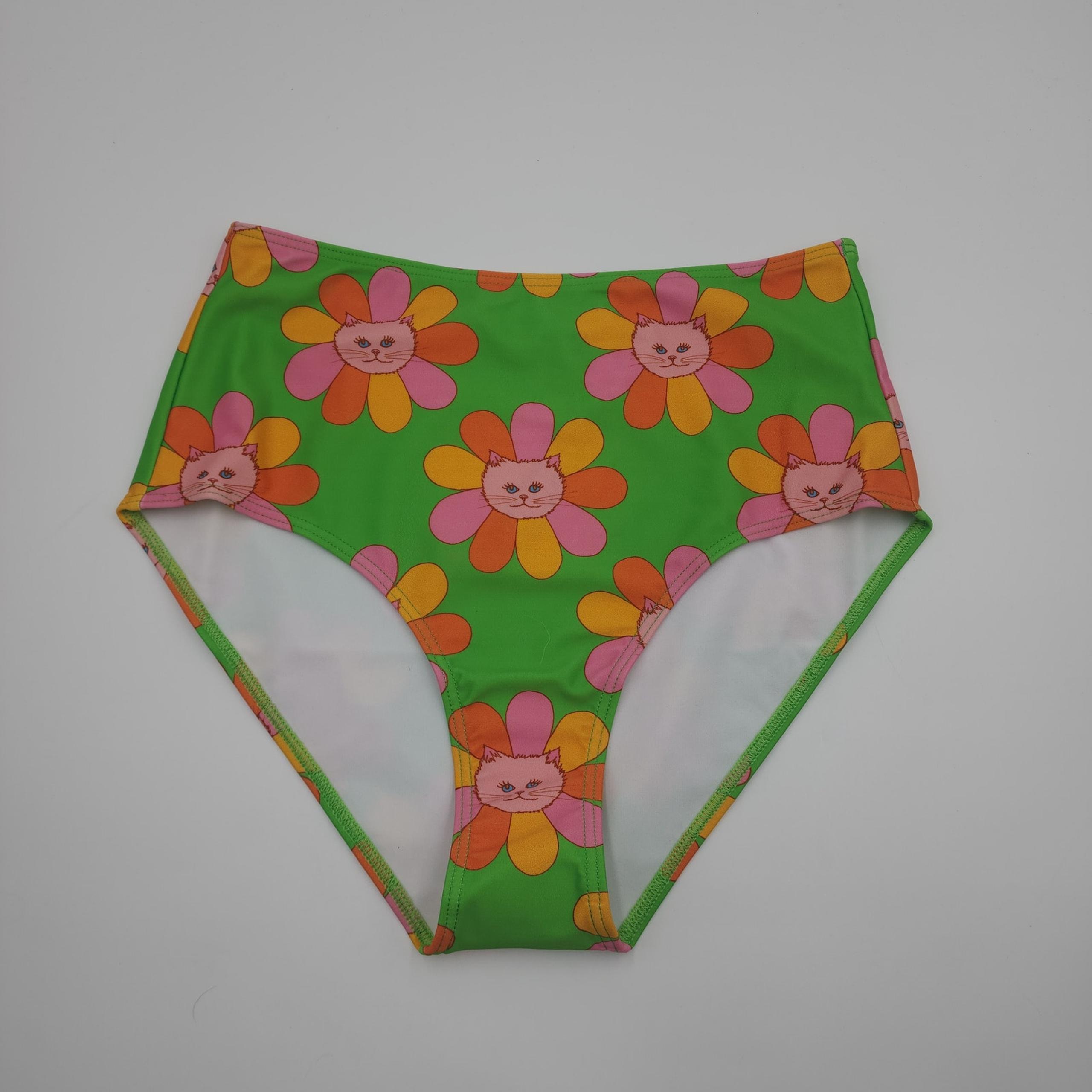 Modcloth The Sara High-Waisted Bikini Bottom in Green Kitty Rainbow Size S
