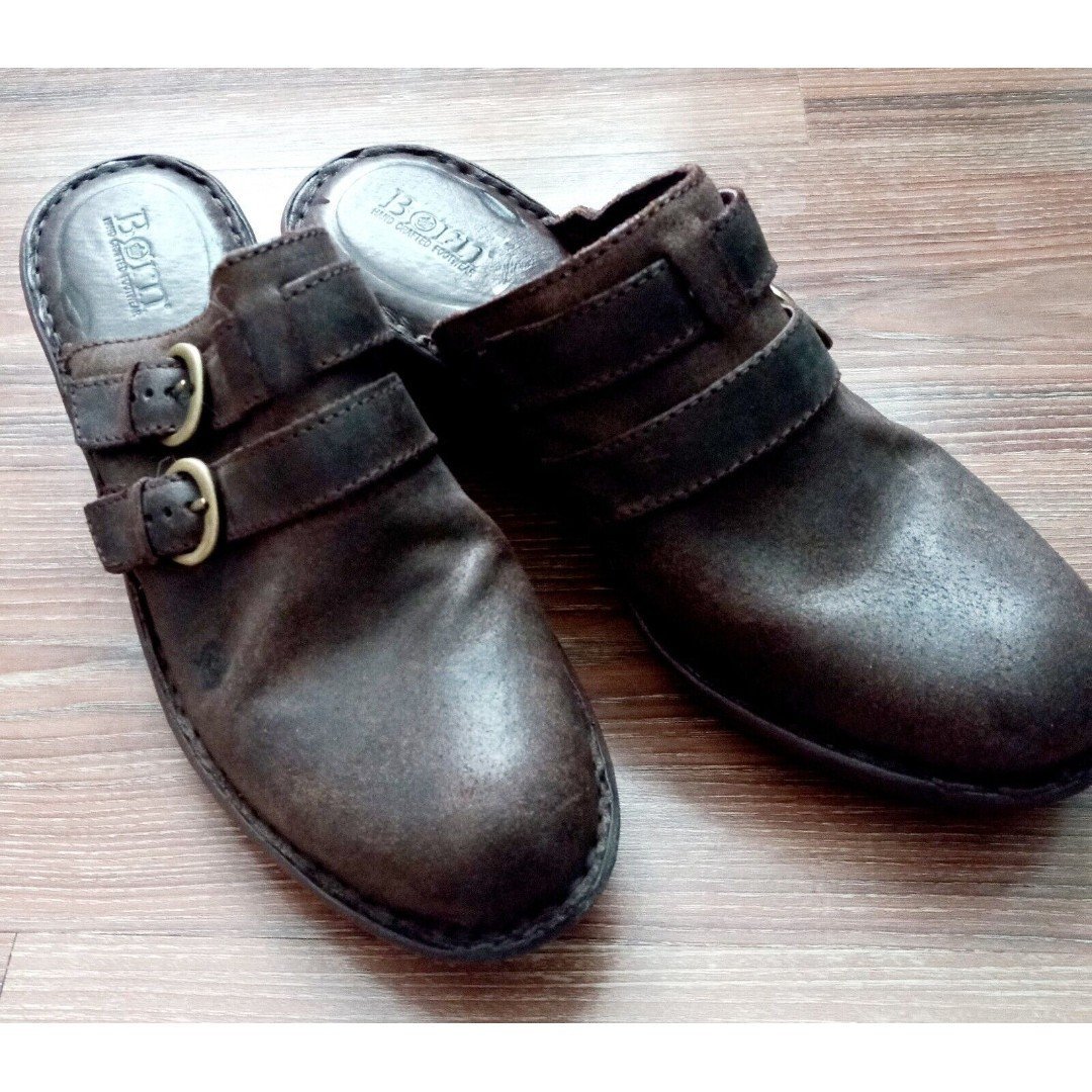 BORN Women's Brown Clogs Slip On Leather Belt Buckle Suede Size 10M