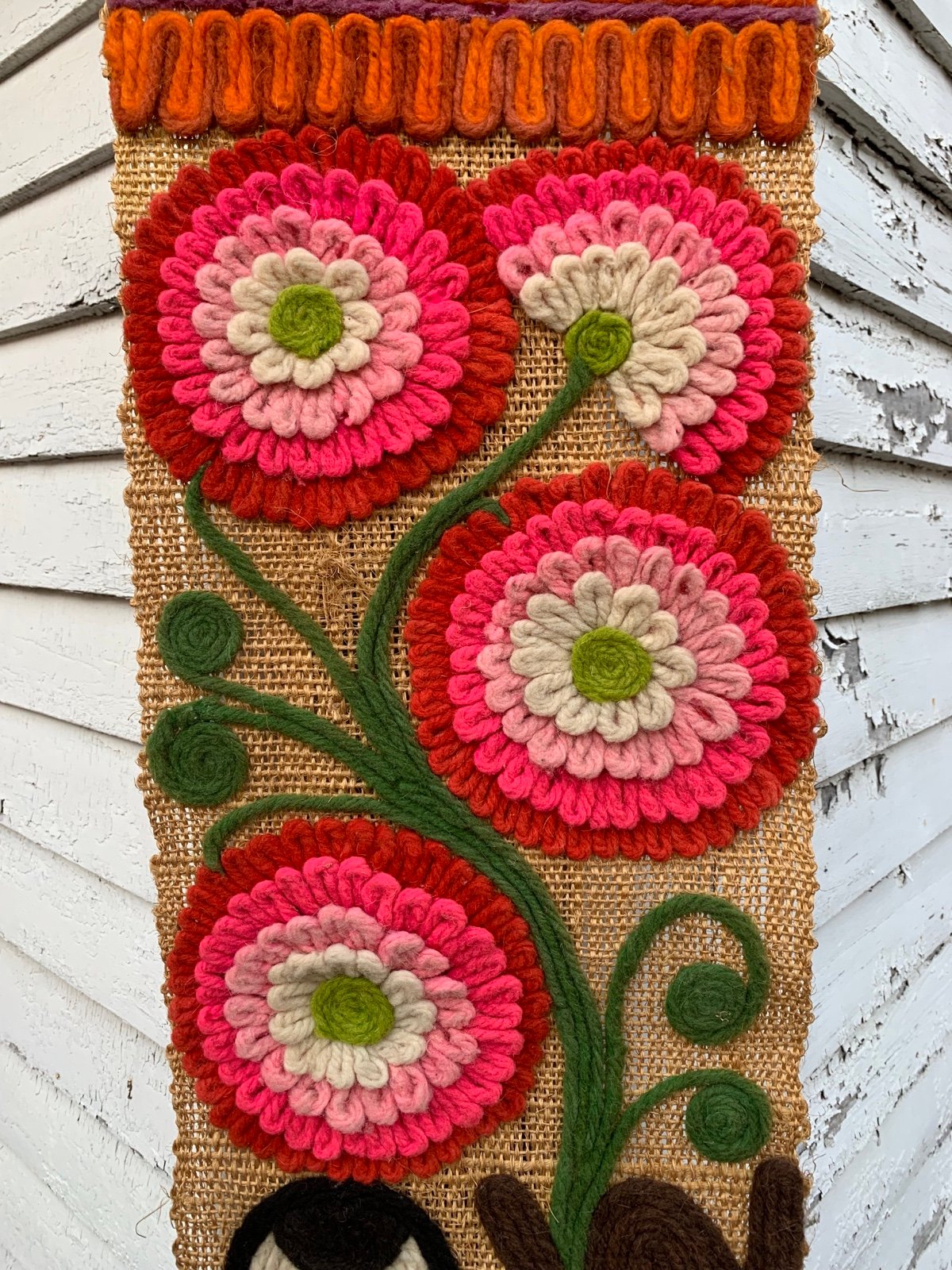 1970s Vintage Huichol Mexican Yarn Art Handwoven Straw Wall Scroll Floral Family