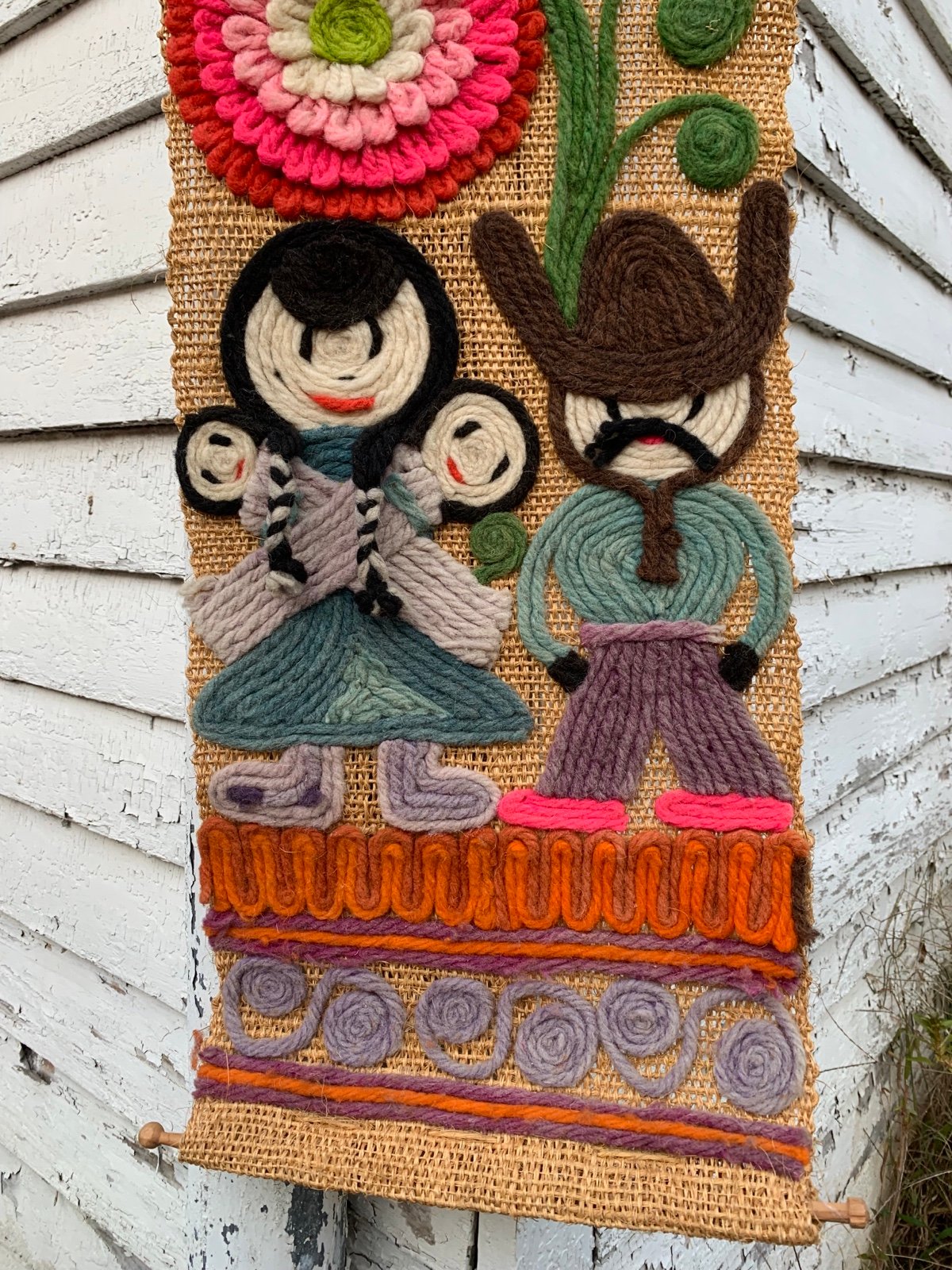 1970s Vintage Huichol Mexican Yarn Art Handwoven Straw Wall Scroll Floral Family