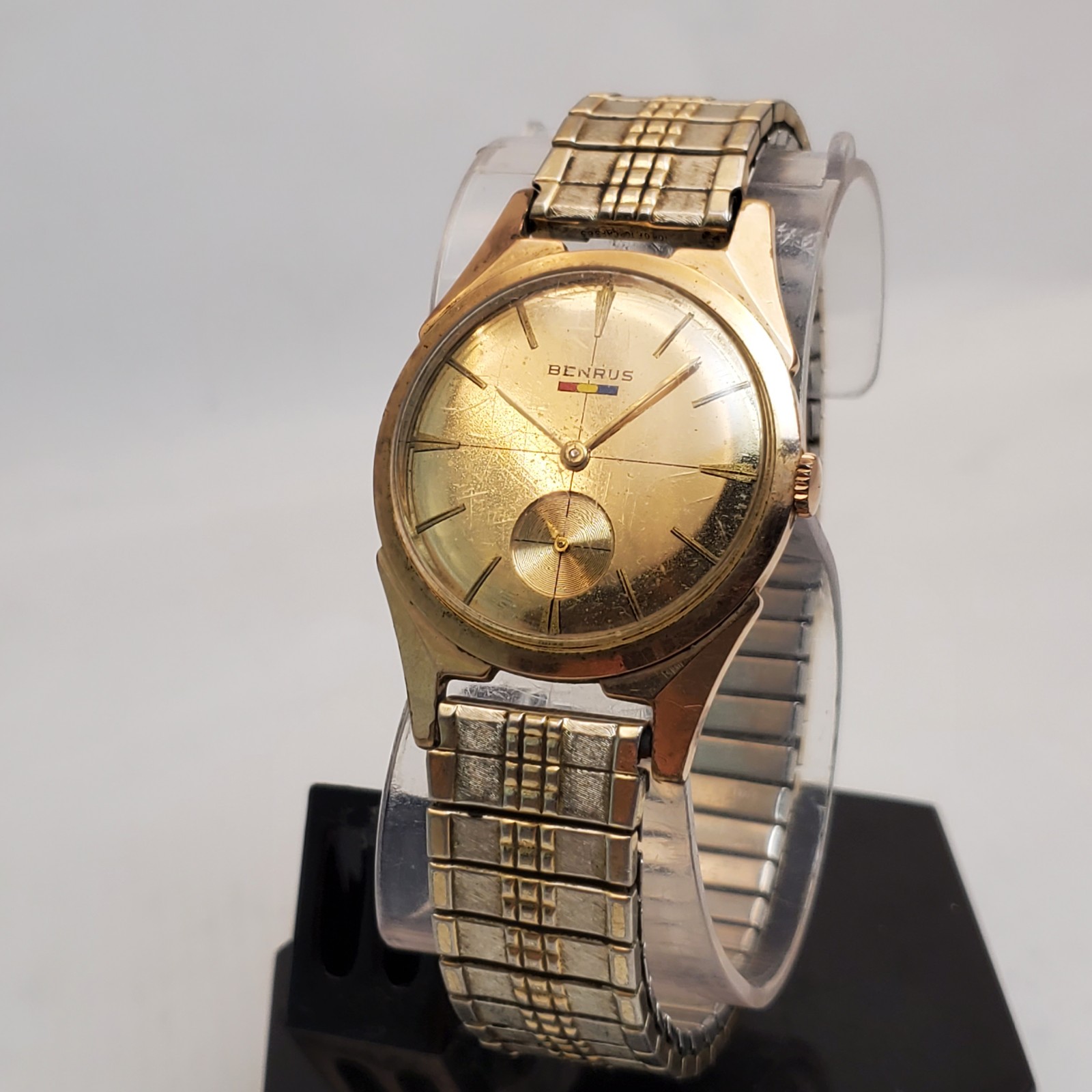 RARE VINTAGE BENRUS 10K R.G.P BACK ROMANIA FLAG MECHANICAL HANDWIND MEN'S WATCH