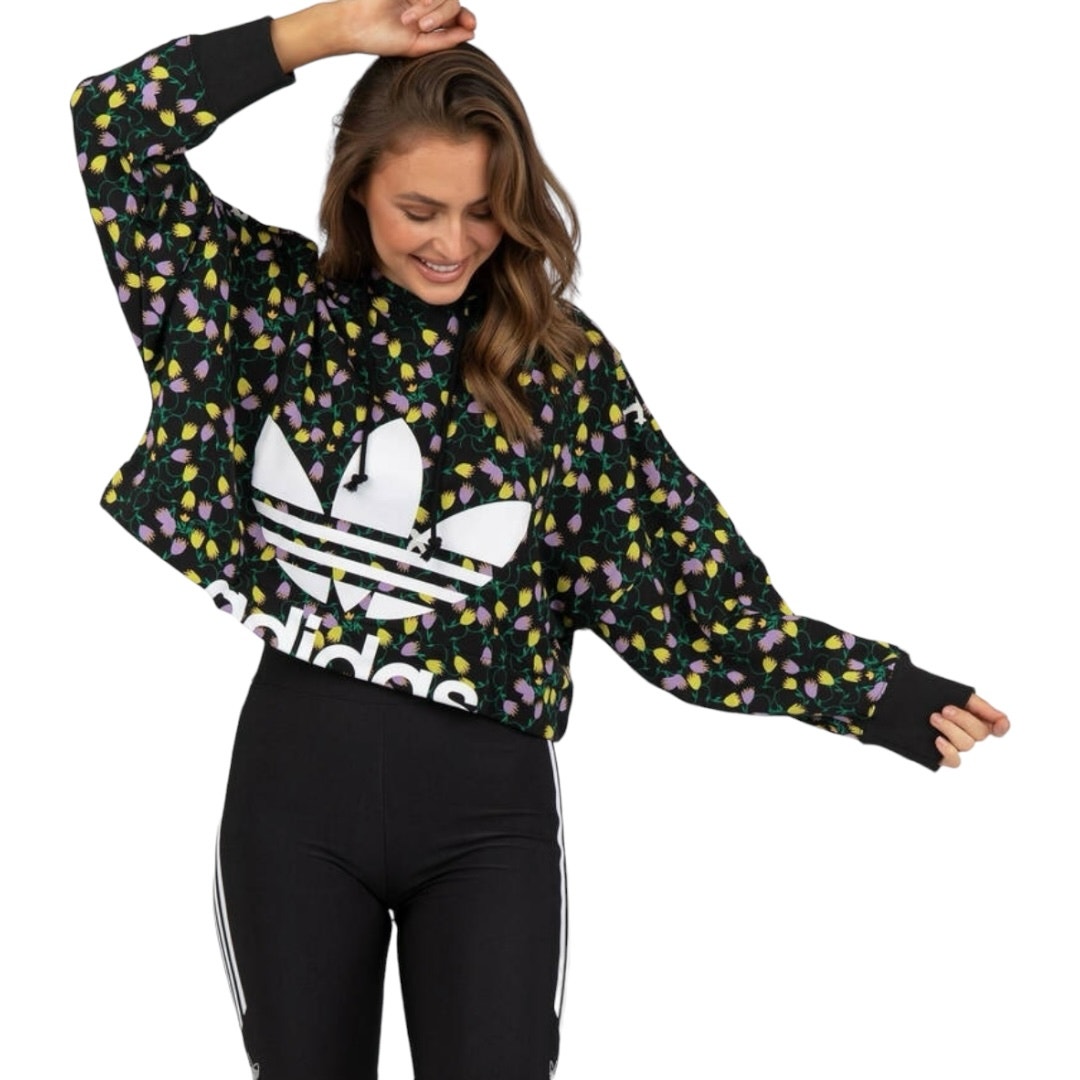 EUC ADIDAS Originals Cropped Hoodie Allover Print Drawcord Loose Fit Size Small