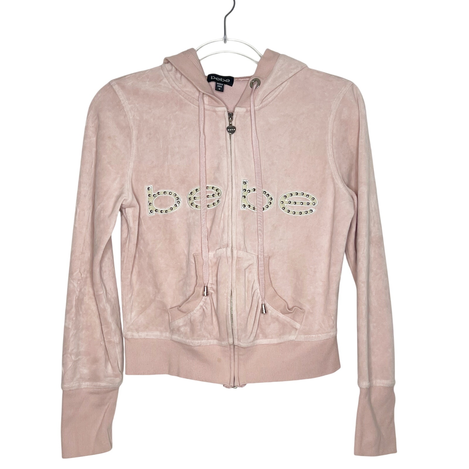 BEBE Y2K Velour Full Zip Crop Hoodie Embellished Beaded Light Pink Womens Size M