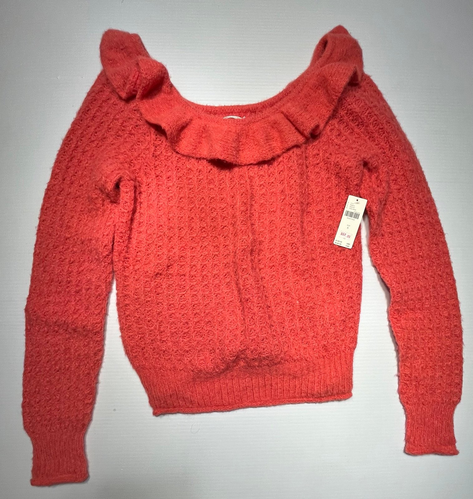 Anthropologie Ruffled Boat Neck Sweater Women’s Size S Wool Blend Pink