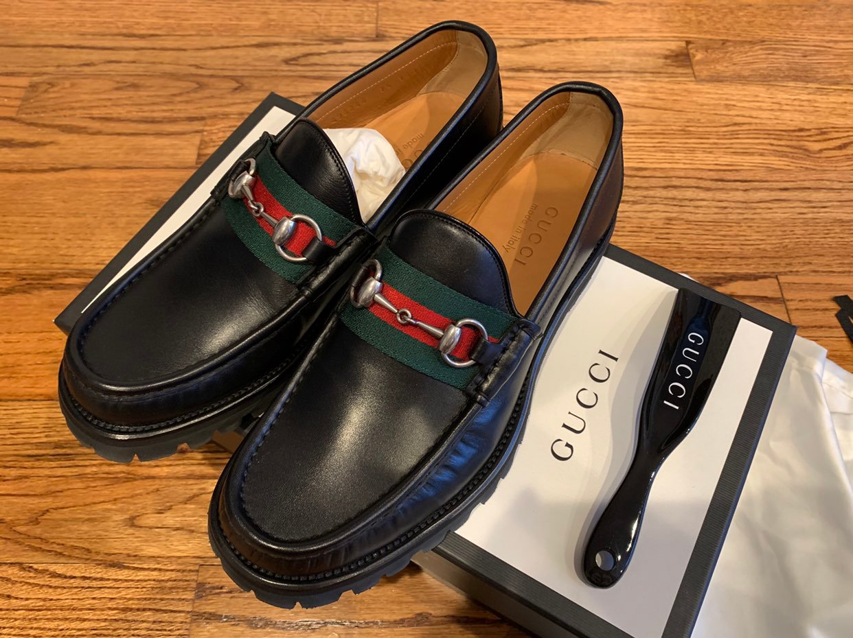 Gucci Web Horsebit Loafer Lug Sole 496246 ARPA0 1098 sz7.5