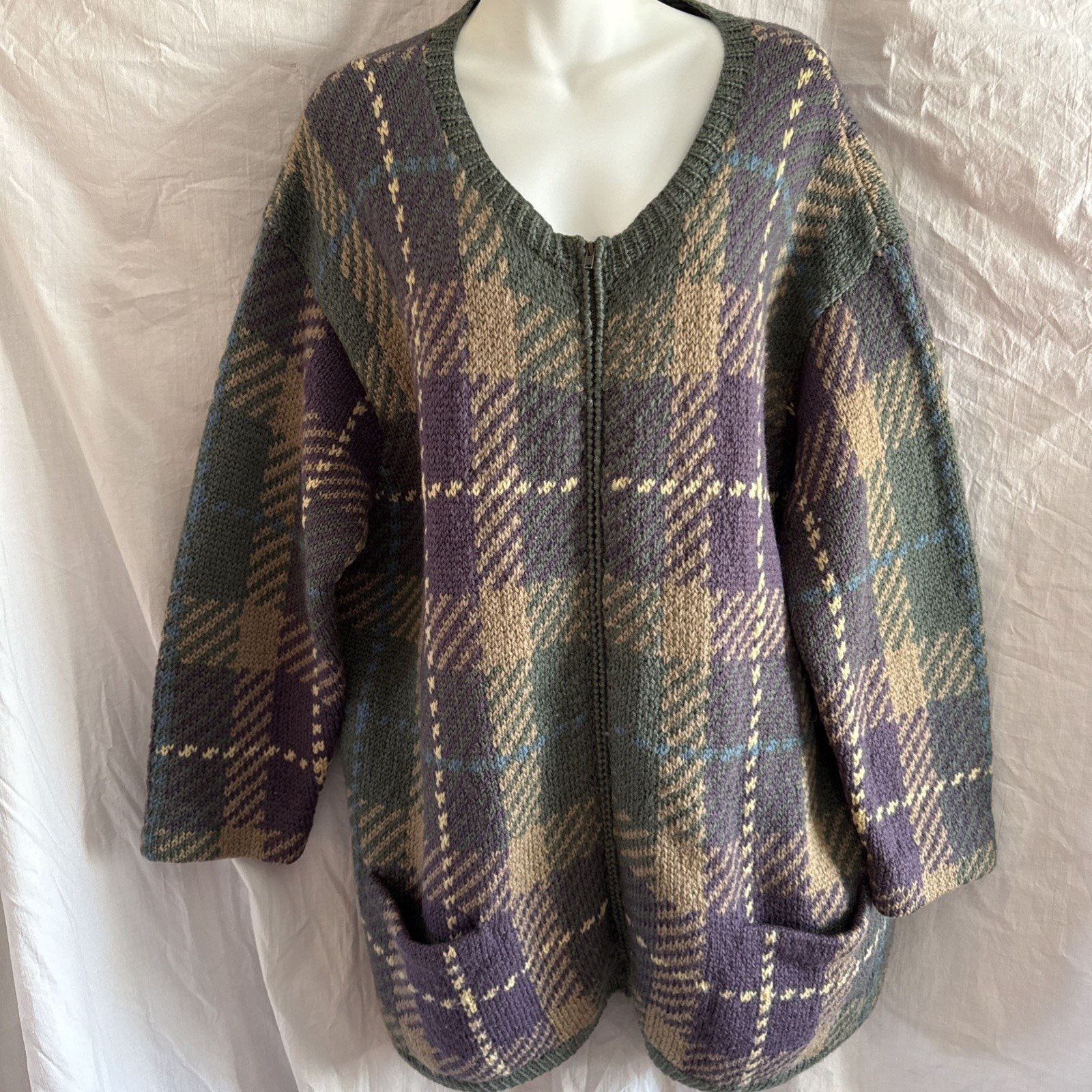 Jones New York Sport Hand Knit Women's 3X Zip Cardigan Plaid 100 % Wool Sweater