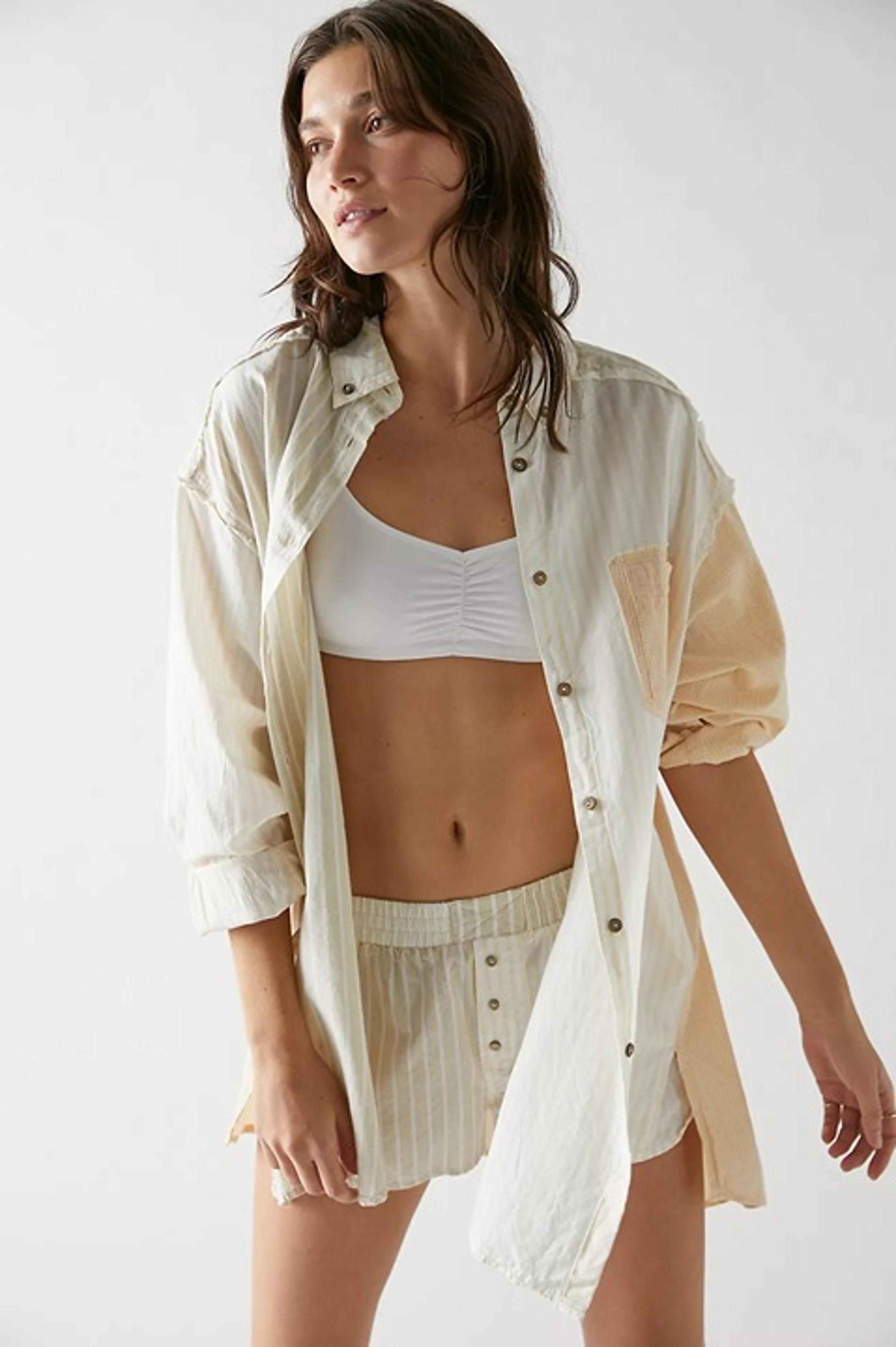 Free People Rags To Riches Sleep Shirt Womens XS Oversized Ivory Combo