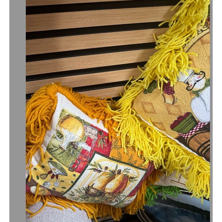Whimsical Wacky Chef-Themed Decorative Throw Pillows With Yellow Fringe