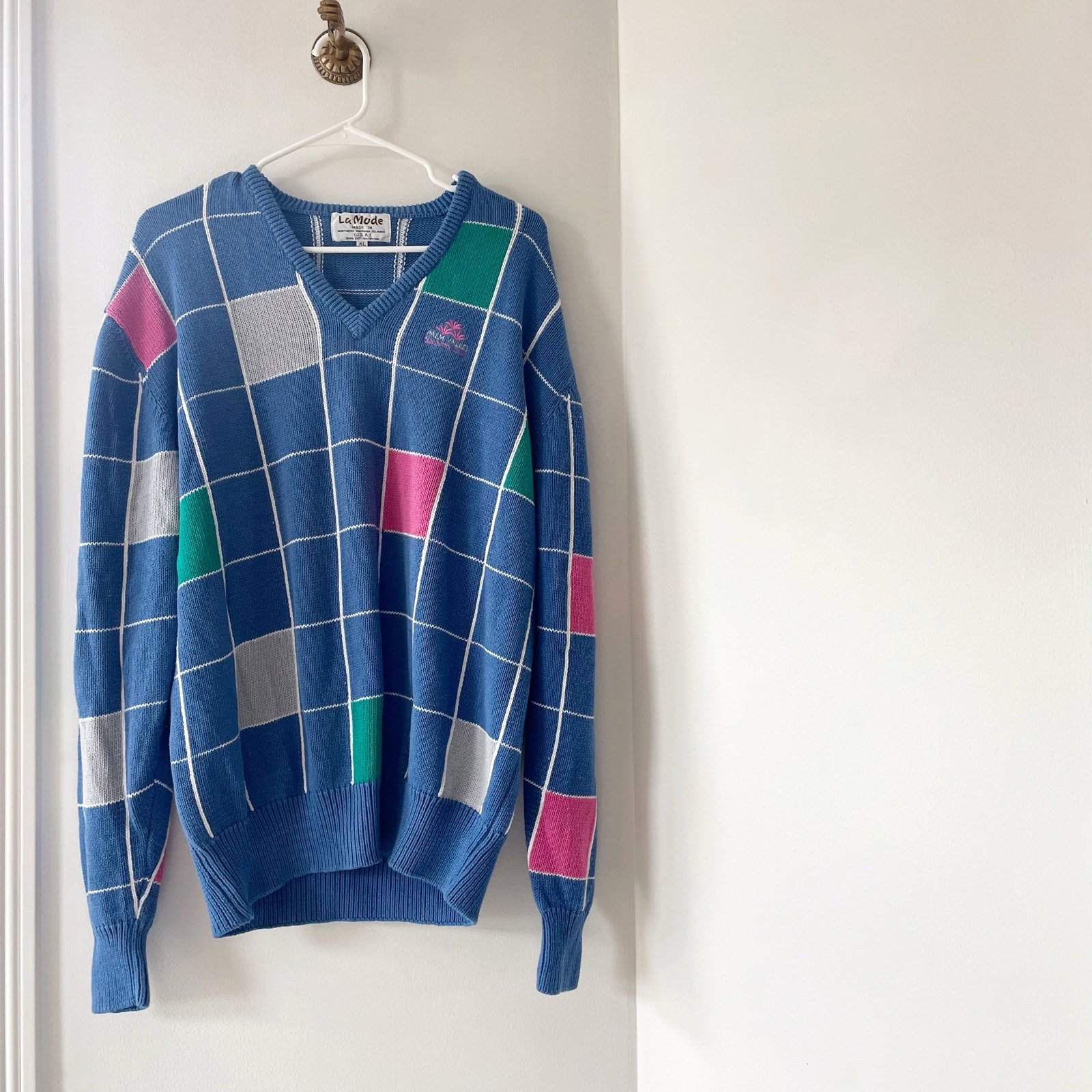 Vintage La Mode USA Made Palm Valley Country Club Argyle V-Neck Sweater