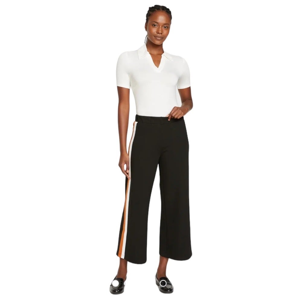 Stephanie Wide Leg Stripe Ponte Pants 27” Black with Ochre/White Stripe XS 10
