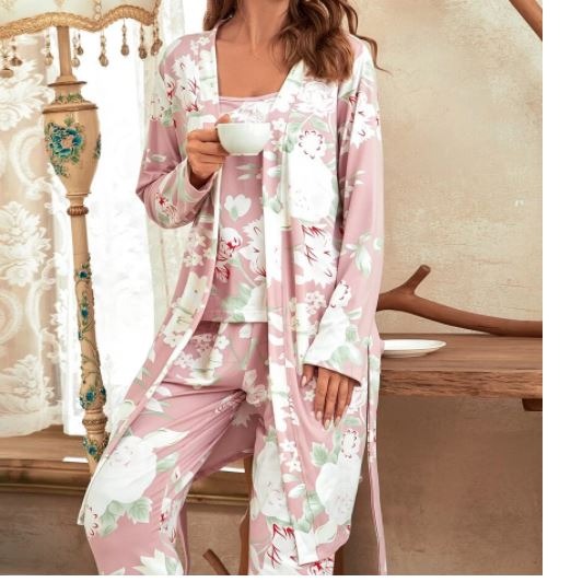 Long Sleeve 3pcs Floral Print Pajama Set & Belted Robe Sets L5