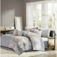 Madison Park Lola Queen Comforter shams skirt pillows Set Grey/Pink/White NEW