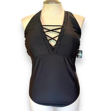 New Torrid 0 (0X size 12) Black Lace Up Busty Padded One Piece Wireless Swimsuit